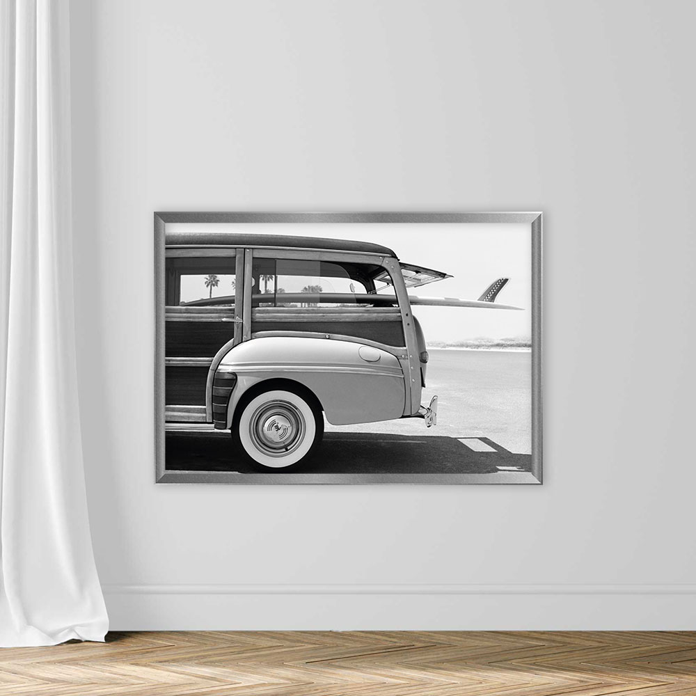 Old Woodie Station Wagon with Surfboard - Image 4