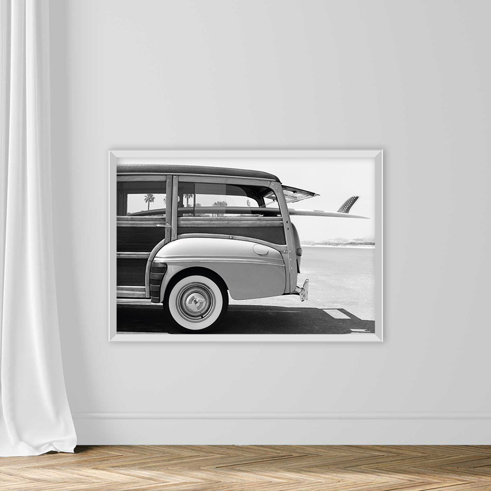 Old Woodie Station Wagon with Surfboard - Image 2